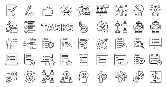 Tasks icons in line design. Tasking, to do, planing, business, duty, project, manager, report, list, check, plan, check mark isolated on white background vector Tasks editable stroke icons