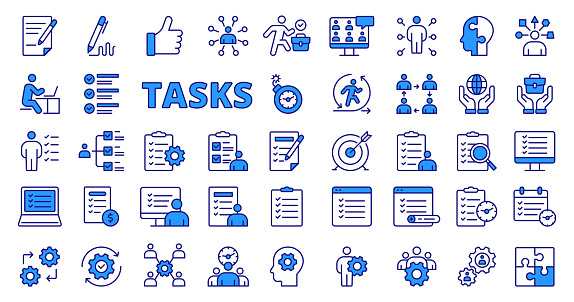 Tasks icons in line design, blue. Tasking, to do, planing, business, duty, project, manager, report, list, check, plan, check mark isolated on white background vector Tasks editable stroke icons