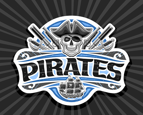 Vector logo for Pirates, decorative cut paper label with illustration of evil smiling pirate skull in old cap and eyepatch for children party, creative mascot with text pirates on striped background