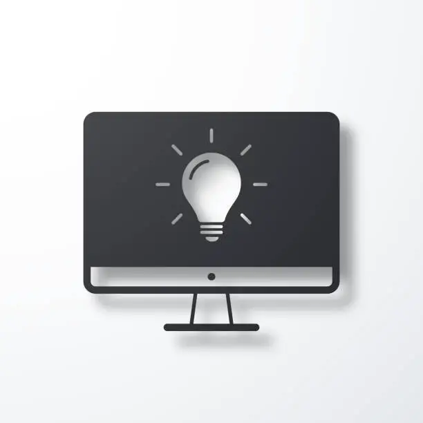 Vector illustration of Desktop computer with light bulb. Icon with shadow on white background