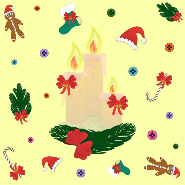 Vector illustration of Candles, branches, gingerbread, buttons, sock, cap, bows, Christmas