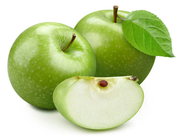 istock Fresh green apple and cut in slice with leaf isolated 2093499980