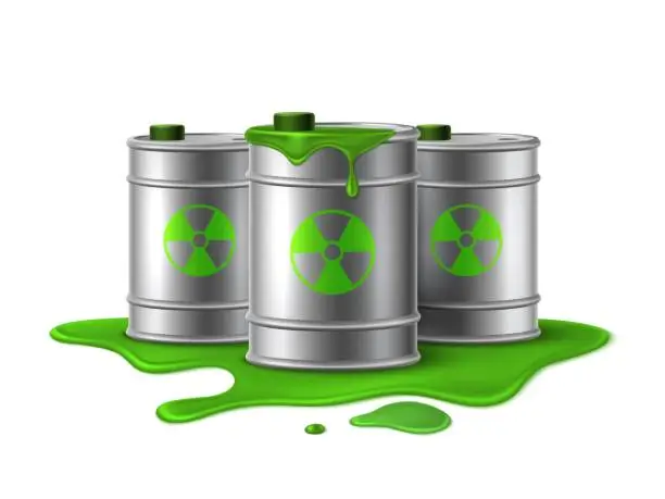 Vector illustration of Nuclear waste. Barrels hazard, green toxic liquid. Radioactive industrial danger substance, environmental pollution. Biohazard garbage, containers with caution sign. Realistic vector concept