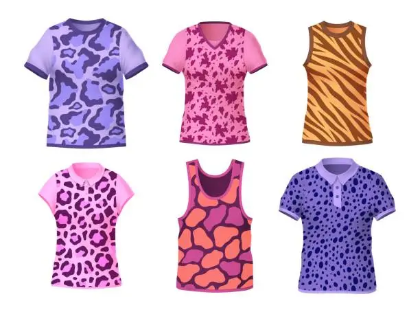 Vector illustration of Patterned t shirts. Animal print, trendy colorful safari shirt. Wildlife cat camouflage pink and purple. Fashion cotton with short sleeves modern dresses. Realistic isolated vector set