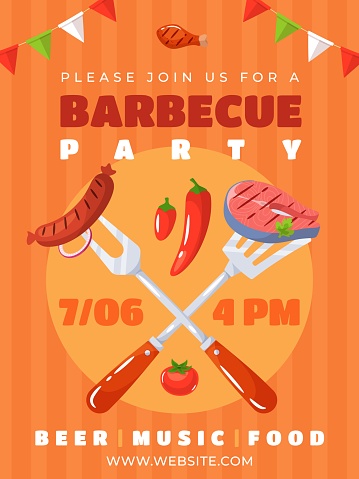 Barbecue party invitation. Grilled sausage and salmon steak, summer bbq event, cooking outdoor, family and friends weekend, poster template, cartoon flat style isolated illustration, vector concept