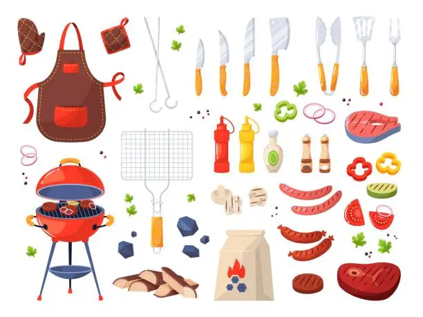 Vector illustration of Bbq summer party objects. Barbecue elements, grilled meat, ingredients, picnic furniture, kitchen tools, apron and pot holders, charcoal for outdoor cooking cartoon flat illustration, vector set