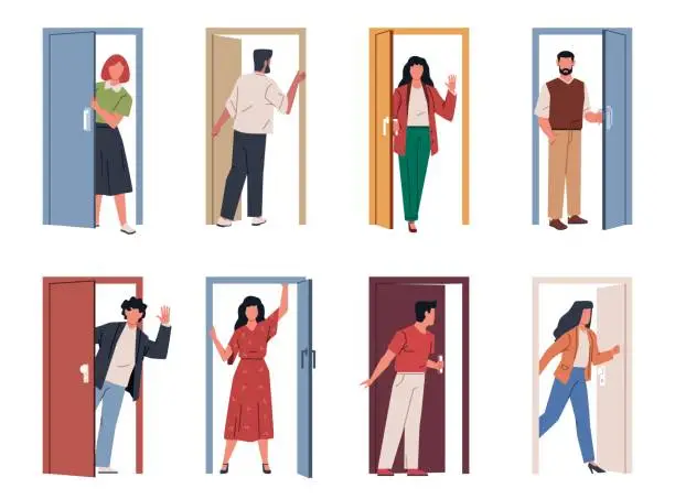 Vector illustration of People with doors. Entering and exiting house, visitors use doorways, build residents and employees come back and leave, exit and entrance, nowaday cartoon flat style isolated vector set