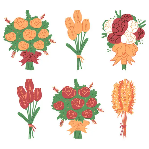 Vector illustration of Bouquets vector cartoon set isolated on a white background.