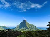 View on Opunohu Bay, Rotui Hill and Cook Bay from Belvedere’ scenic viewpoint at Opunohu, Moorea, French Polynesia