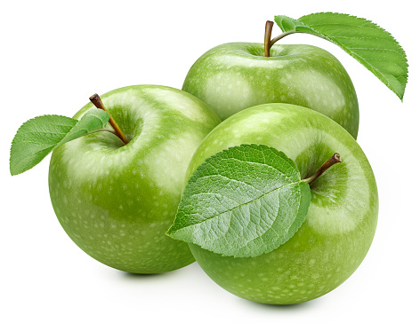 Isolated apple. Fresh organic apple with leaves isolated clipping path. Apple macro studio photo. High End Retouching