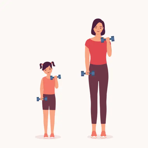 Vector illustration of Mother And Daughter Lifting Dumbbells. Fitness. Workout.