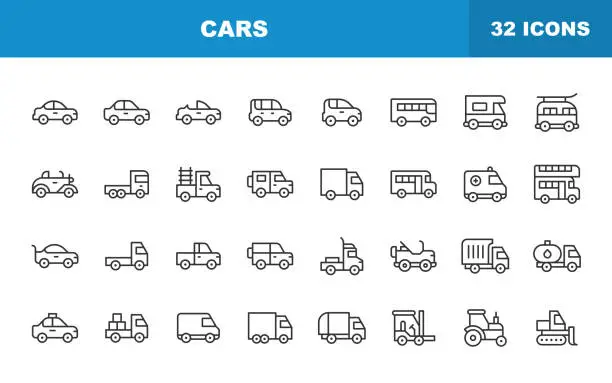 Vector illustration of Car Line Icons. Editable Stroke. Contains such icons as Auto, Bus, Driving, Electric Car, Hybrid, Race Car, Sedan, Taxi, Tractor, Transportation, Travel, Truck, Van, Vehicle.