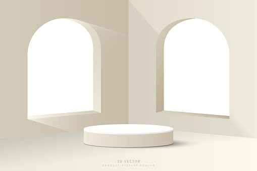 Abstract realistic white cream 3d cylinder podium stage pedestal on corner room between arch windows. Empty corner room minimal scene for product display. stage for showcase. 3d vector rendering desig