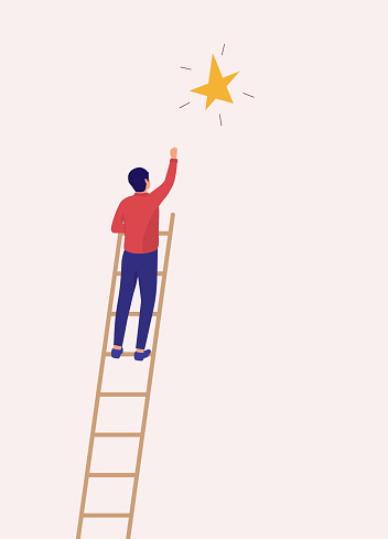Back View Of A Businessman Climbing Up A Ladder To Take The Star. Isolated On Color Background.