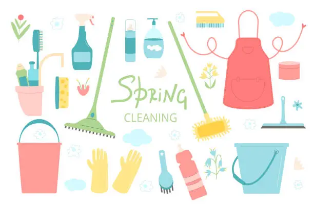 Vector illustration of Spring cleaning set. Equipment elements for wash home isolated on white background. Housework concept. Bucket, gloves and mop spray various tools. Vector flat illustration