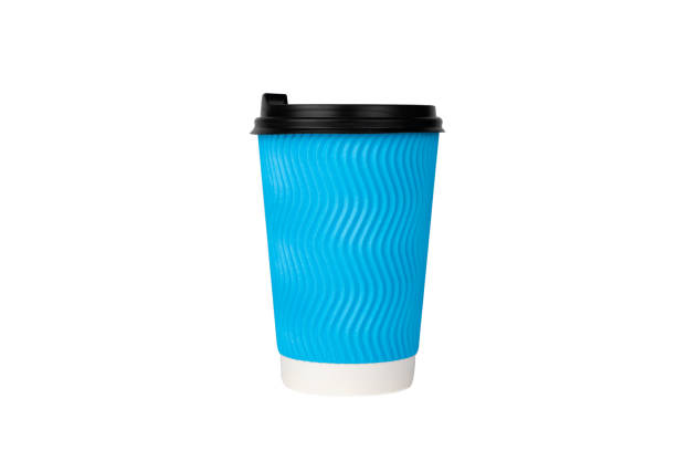 istock Blue corrugated paper disposable cup for cappuccino or latte isolated on white background. Coffee to go. Close-up. 2093532741