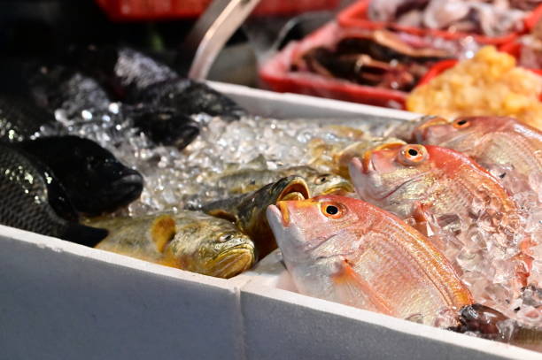 At Nanjichang Night Market in Taipei, a stir-fry stall offers affordable and diverse seafood. This close-up shot captures the fresh fish available, showcasing Taiwan's vibrant food scene.