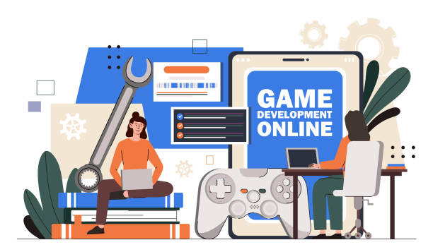 Game development online vector concept Game development online concept. Woman with laptop and wrench. Programmer and IT specialist with website. Freelancer with online earnings. Cartoon flat vector illustration isolated on white background game developer stock illustrations