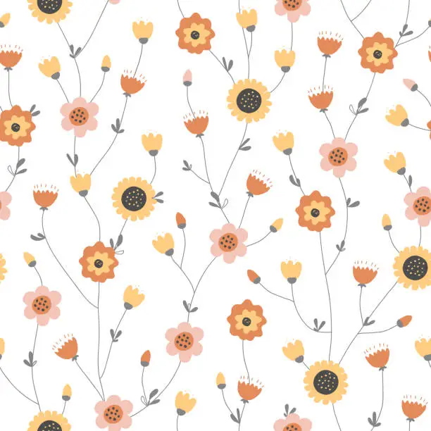 Vector illustration of Twisted fairy flowers seamless floral pattern in Scandinavian style. Hand drawn flowers on white background. Abstract retro Spring or Summer print design. Vector illustration