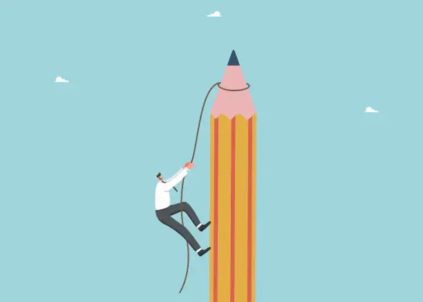 Vector illustration of Man climbs rope to top of pencil