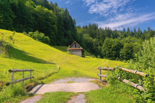 Unterschachen, Switzerland - September 27, 2019: Walking trail leading close to wooden huts close to Unterschachen in Switzerland during sunny day in autumn 2019