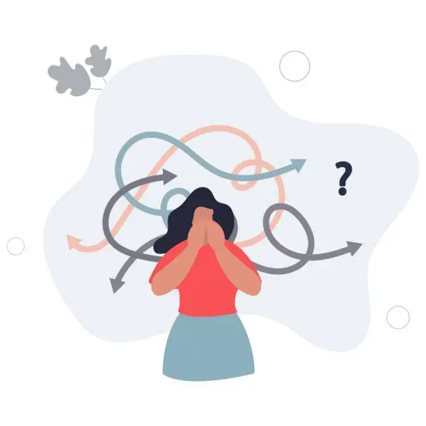 Vector illustration of Decision fatigue and tired female with confusion struggle .flat vector illustration.