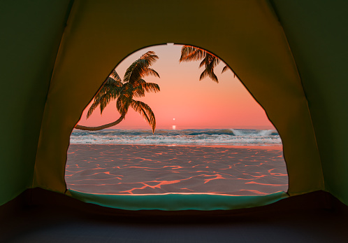 3d rendering of a serene sunset viewed from the interior of a camping tent, with silhouettes of palm trees and gentle waves on a sandy beach. Vacation concept.