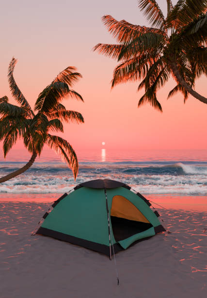 3d rendering of a camping tent on a sandy beach with palm trees in a stunning tropical sunset and ocean waves in the background. Outdoor adventure concept.