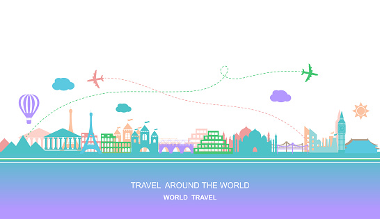 Famous places. Travel around the world vector illustration. Travelling by plane, airplane trip in various country. Flat color design poster.