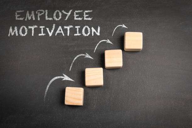 istock Employee Motivation. Wooden blocks on a dark chalkboard background 2093597396