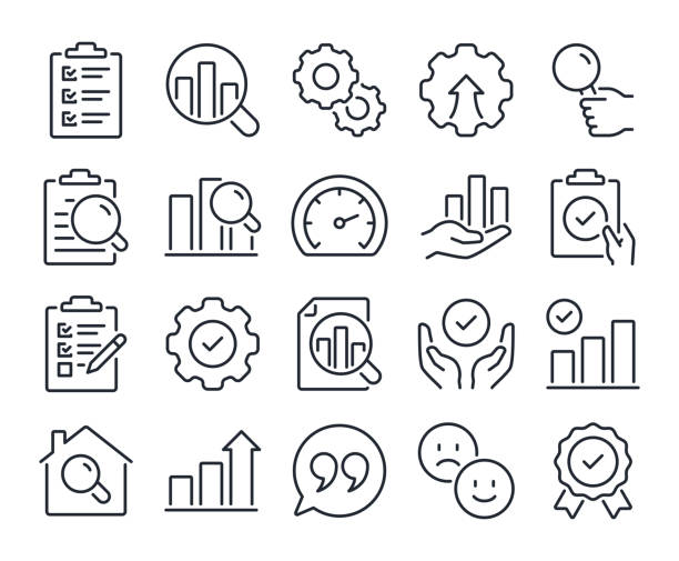 illustrazioni stock, clip art, cartoni animati e icone di tendenza di valutare e valutare le icone modificabili del contorno del tratto impostate isolate su sfondo bianco illustrazione vettoriale piatta. pixel perfetto. visualizzazione del materiale 64 x 64 - ispezione contabile