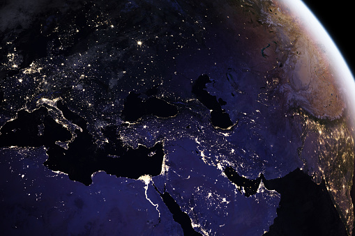 Night view of planet Earth and city lights. Elements of this image furnished by NASA: https://eoimages.gsfc.nasa.gov/images/imagerecords/90000/90008/europe_vir_2016_lrg.png