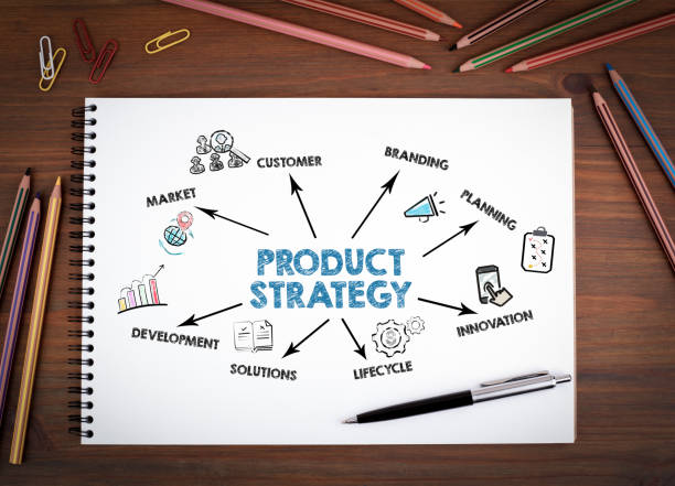 istock PRODUCT STRATEGY Concept. Notebooks, pen and colored pencils on a wooden table 2093605156