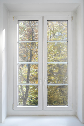 Vertical shot of white double glazing plastic window with view on nature, trees with yellow leaves. Fall, autumn season. Apartment with big windowsill. Concept of keeping warm at home in cold weather.