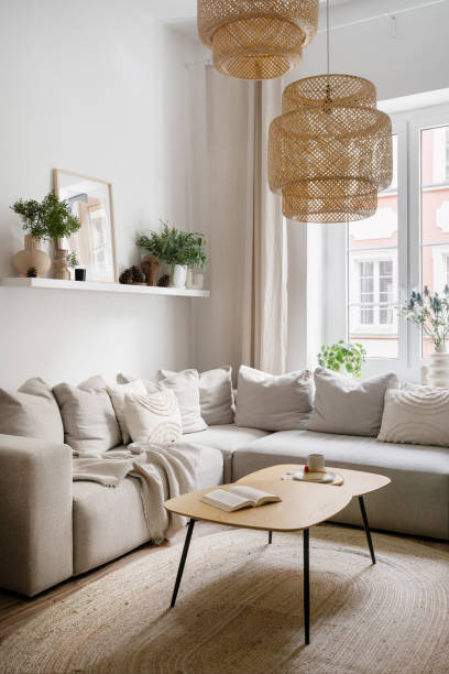 istock Cozy living room with scandinavian interior, couch, coffee table and wall shelf 2093610404