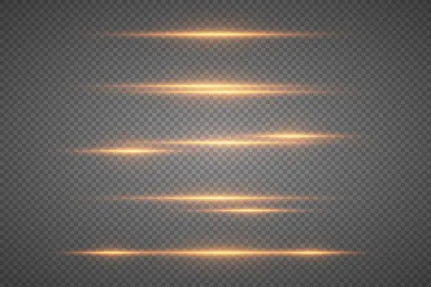 Vector illustration of Golden horizontal glare of light. Laser beams light effect and flashes.