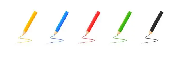 Vector illustration of Pencil colorful stationery set. Yellow, blue, red, yellow and black pencils illustration.