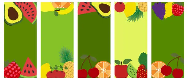 Vector illustration of Collage of colored fruits and berries. Colorful rainbow vector diet banners. Vitamins, fruits and berries of organic and healthy nutrition.