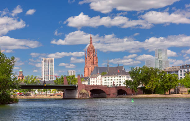 Frankfurt Cathedral and business district with skyscrapers along river in Frankfurt am Main, Germany