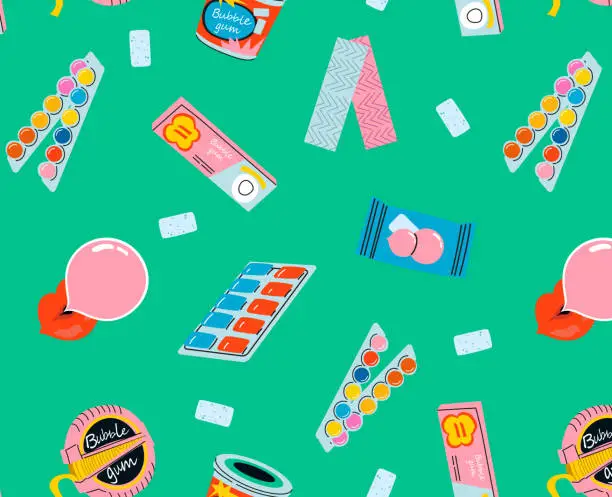 Vector illustration of Bubble gum seamless pattern. Chewing candy in stick, pads, bubblegum pack vector illustrations. Background for sweets store packaging.