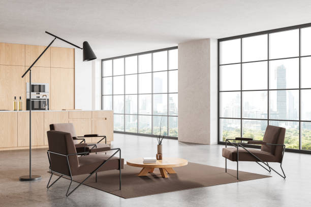 istock Cozy home studio interior with relaxing and cooking space, panoramic window 2093658651