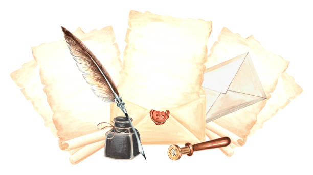 Sheets of parchment paper and envelop, feather pen with inkwel, wax seal. Vintage composition of writing supplies. Isolated hand drawn illustration. Drawing template for card, wrapping, scrapbooking. Sheets of parchment paper and envelop, feather pen with inkwel, wax seal. Vintage composition of writing supplies. Isolated hand drawn illustration. Drawing template for card, wrapping, scrapbooking clip art of scroll quill stock illustrations