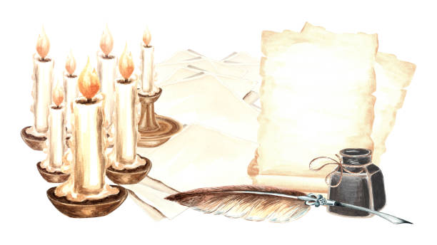 Sheets of parchment paper and burning candles, feather pen with inkwel. Vintage composition of aged writing supplies. Isolated hand drawn illustration. Drawing template for card, design, scrapbooking. Sheets of parchment paper and burning candles, feather pen with inkwel. Vintage composition of aged writing supplies. Isolated hand drawn illustration. Drawing template for card, design, scrapbooking clip art of scroll quill stock illustrations