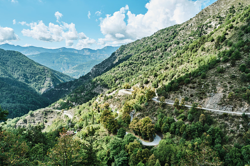 steep and winding mountain pass with lots of hairpins and switchbacks across the Col de Turini, known from Rallye Monte Carlo and tour de france.
