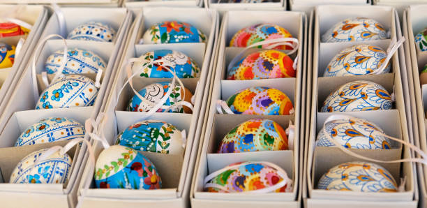 Beautiful colorful decor for Easter. Traditional Easter painted colorful eggs are sold at market