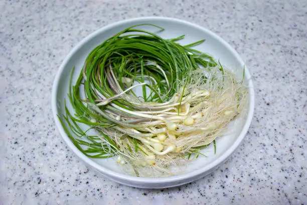 Fresh Wild Chive vegetables in a white salad bowl.