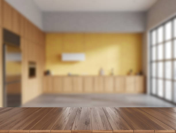 istock Wooden mock up table on background of kitchen interior with window 2093665967