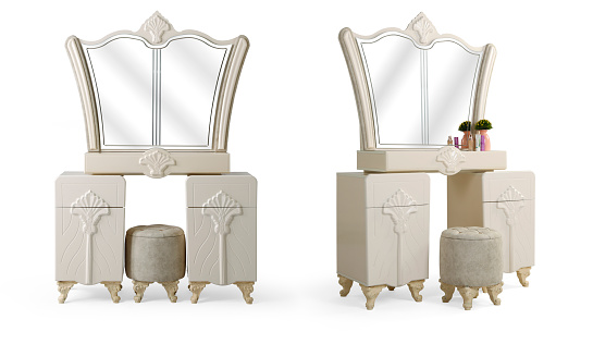 classic Bed dressing table and mirror isolated on white background . different angle