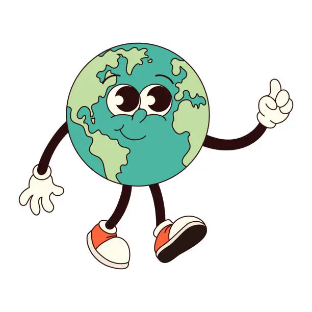Vector illustration of Groovy Earth character in trendy retro style. Earth Day.
