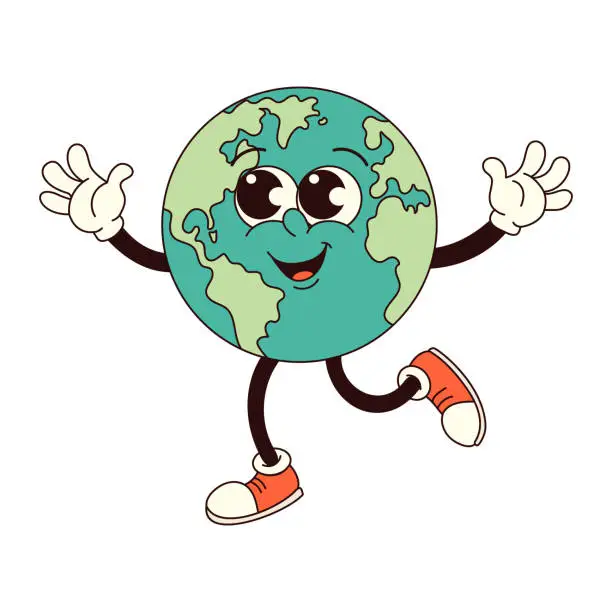 Vector illustration of Happy Earth groovy character in trendy retro groovy style. Earth Day.